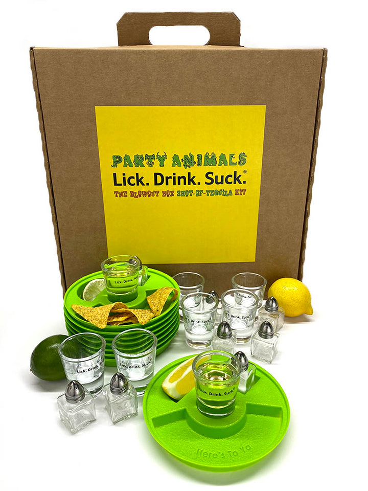 The official Lick. Drink. Suck.® Party Animal Tequila Drinking Kit - 8 place settings